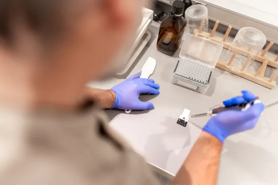 Over the shoulder of a doctor running a DNA test using a blood sample in a lab.